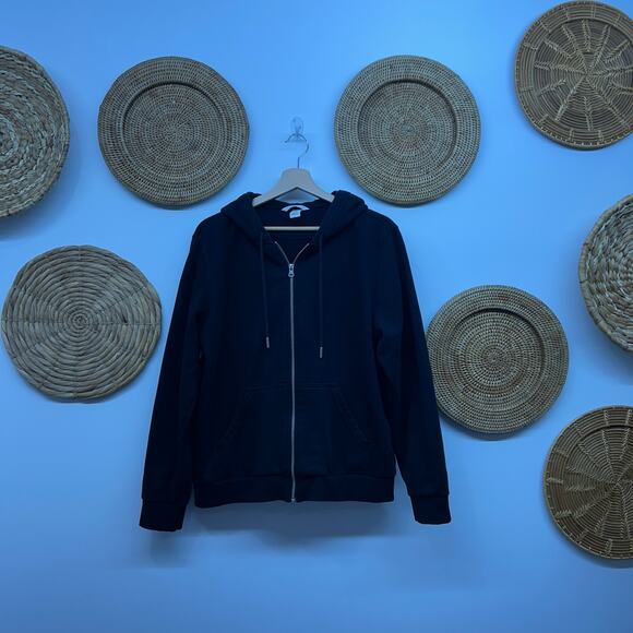 H&M Neutral Black Full Zip Up Hooded Sweatshirt Large Basic Layering - Picture 2 of 7